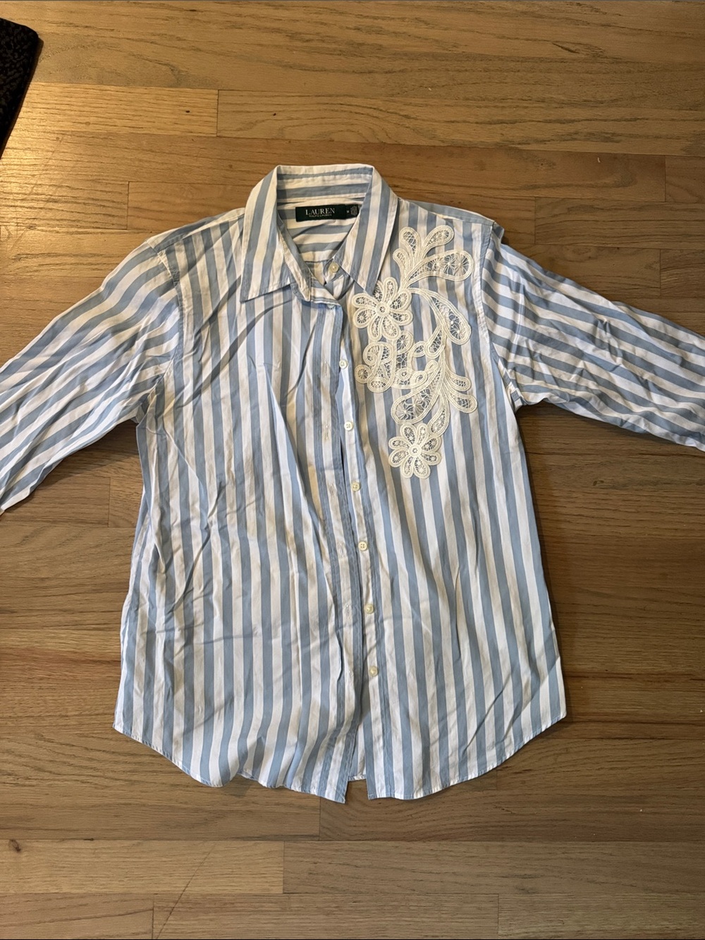 Light Blue & White Striped Men's Button-Up Shirt with Lace Detail